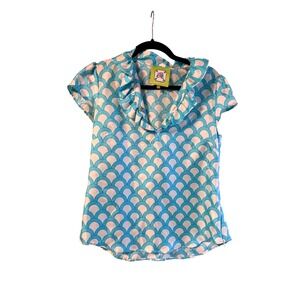 Elizabeth McKay Women Silk Scallop Print Ruffle Neck Blouse Turquoise White Sz 4